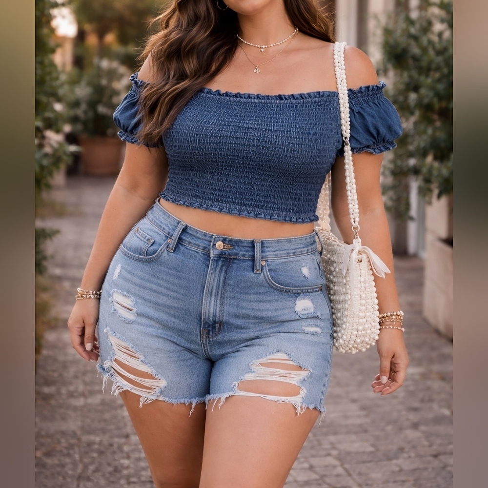 American Eagle XL Smocked Crop Top Dark Wash Chambray Puff Sleeve Square Neck
